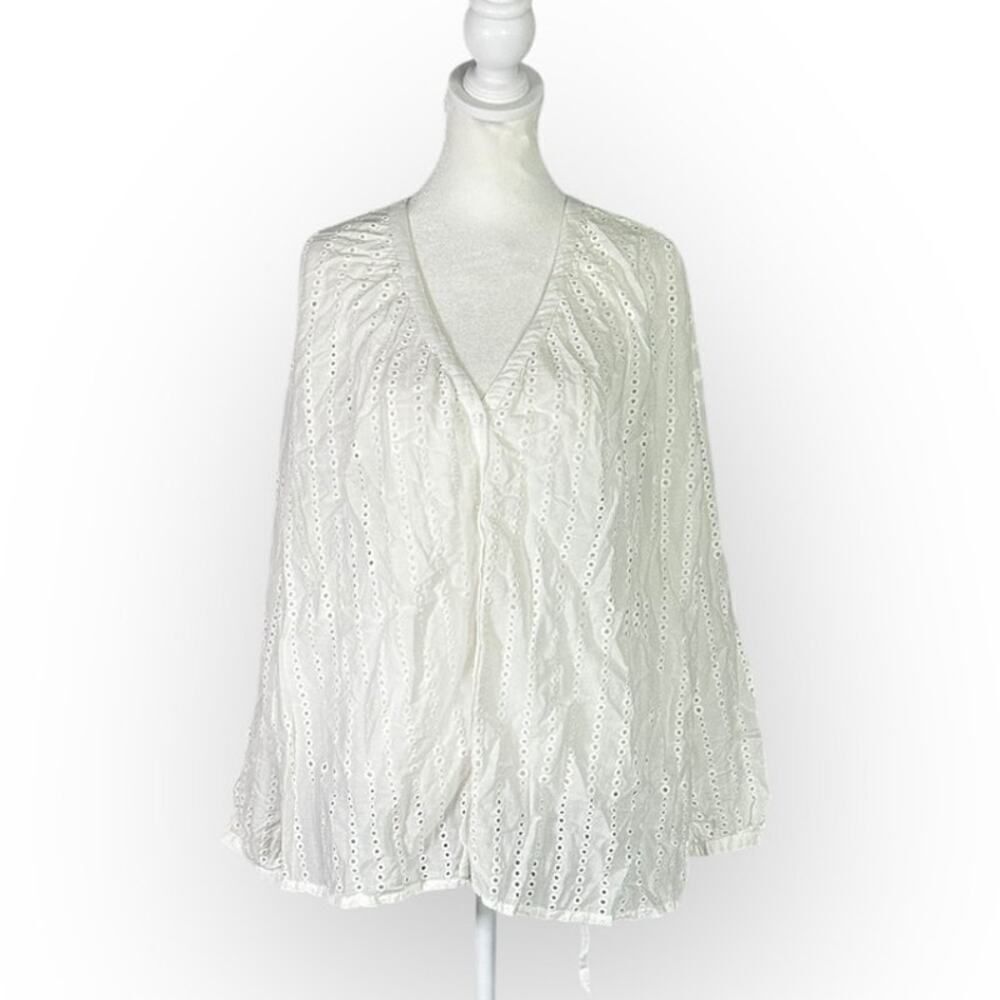 Notshy Cashmere Button Down Shirt Women's Med White Eyelet V-Neck Long Sleeve